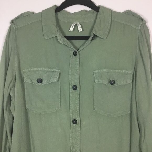 Army green military style shirt shoulder straps button down utility camping Sz L - Picture 2 of 6